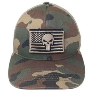 Decky Trucker Hat Green Beige OS Punisher Flag Camo Mesh Snapback Embroidered